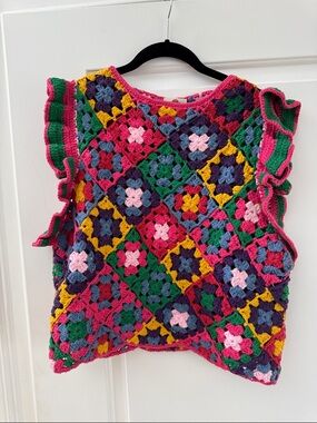 Colorful Hand-Crocheted Granny Square Vest - Pink Multicolor